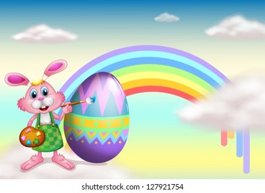 Ilustración de un conejo y un arco iris en el cielo