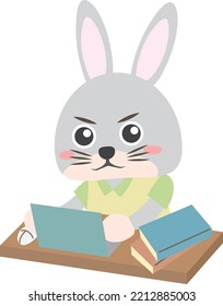 Illustration of a rabbit seriously operating a personal computer at a desk