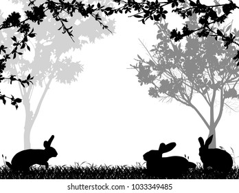 illustration with rabbit silhouettes in grass near spring blossoming tree isolated on white background