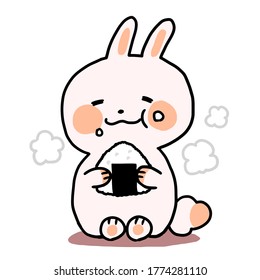 Illustration of a rabbit sitting and eating rice ball