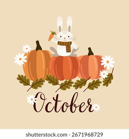 Ilustración de un conejo sentado en una calabaza sobre un fondo beige.