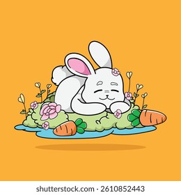 The illustration of a rabbit is sleeping in garden