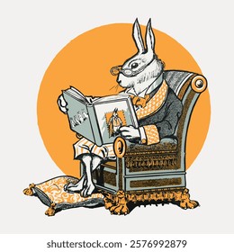 Illustration of a rabbit in a suit reading a book. The rabbit, wearing glasses, sits in an ornate chair. Vintage style rabbit art. Vintage art drawing illustration, painting art vector.