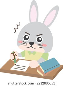 Illustration of a rabbit surprised at something while writing at a desk