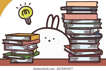 Illustration of a Rabbit Surrounded by Many Books Having an Idea