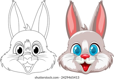 Illustration of rabbit transformation from line art to color.