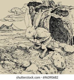 illustration of a rabbit and a tree and some eggs in a beautiful nature