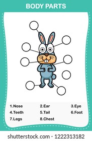 Illustration of rabbit vocabulary part of body,Write the correct numbers of body parts.vector