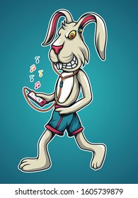 Illustration of a rabbit walking while listening to music
