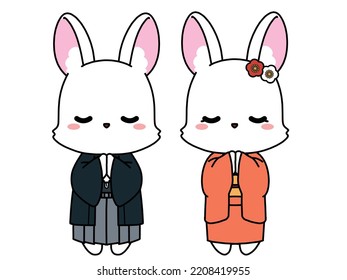 Illustration of a rabbit wearing a kimono praying