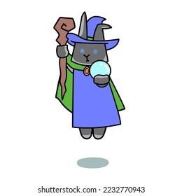 Illustration of a rabbit in a wizard's costume floating with mysterious magic, RPG game style