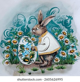 Illustration of rabbits with an egg. Easter rabbit. Flowers, meadow. Painted egg. Easter holiday.