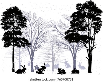 illustration with rabbits in forest under snowfall