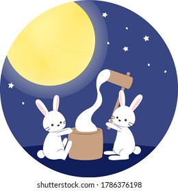 Illustration of rabbits pounding cooked rice to make rice cakes under the full moon