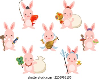 Illustration of rabbits in Seven Lucky Gods costumes to celebrate the New Year in Japan (Shichifukujin in Japanese)