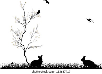 illustration with rabbits under cherry tree blossom