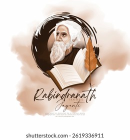 Illustration of Rabindranath Tagore Jayanti, creative tricolour background of Tagore Jayanti, vintage background with vector book and kalam 