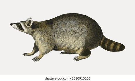 Illustration of a raccoon with a bushy tail and distinct facial markings. The raccoon is depicted in a side view, showcasing its fur texture and banded tail. Vintage animal illustration vector.