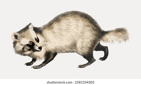 Illustration of a raccoon with a bushy tail and distinct facial markings. The raccoon is depicted in a side view, showcasing its fur and alert posture. Vintage animal illustration isolated, vector.