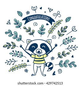 Illustration raccoon congratulates vector