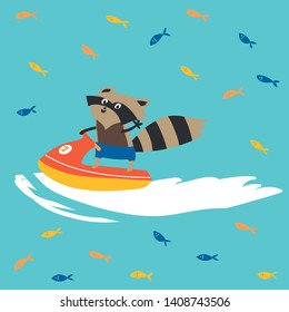 Illustration raccoon on ski has fun with fish on blue background, isolated vector. for children's fashion, textiles, bed linen