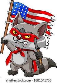 The illustration of the raccoon with red mask and robe is holding an axe and flag