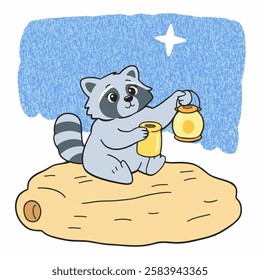 Illustration of a Raccoon Sitting on a Wooden Log with a Lantern at Night, Ideal for Nocturnal and NatureThemed Artwork