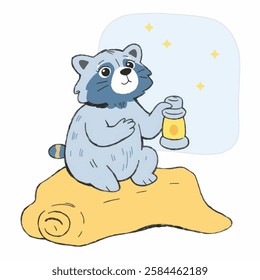 Illustration of a Raccoon Sitting on a Wooden Log with a Lantern, Perfect for Forest and Wildlife Designs A cute raccoon sitting on a wooden log, holding a lantern, glowing softly in the dark forest