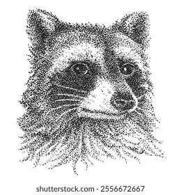Illustration of a raccoon using pointelism technique. Drawing with black dots and spots.