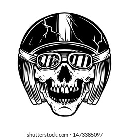 Illustration of racer skull in motorcycle helmet. Design element for poster, flyer, card, banner. Vector illustration