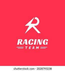 Diseño del logotipo del equipo de carreras, combinación de la letra inicial R con relámpago. Diseño del logotipo del equipo de motociclismo y autocarrera rápida y rápida 