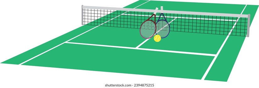 Illustration of a racket and ball on an empty tennis court