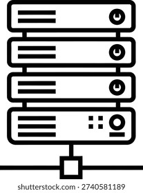 Illustration of a rack-mounted server with multiple connected hard drives and network ports .Vector illustration