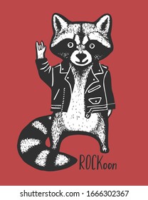 illustration of racoon in black jacket. Vector isolated Hand drawn illustration. stock illustration. Rock concept Line print.