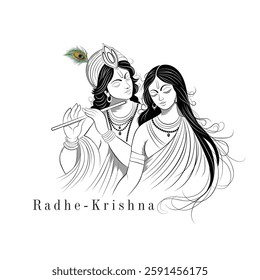 An illustration of Radha Krishna, Vector art of Hindu God, A vector line drawing of Lord Krishna