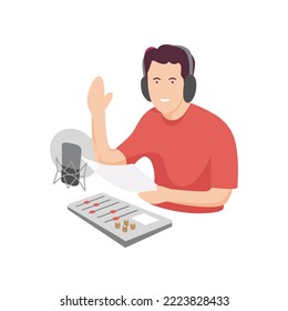 Illustration of radio announcer or broadcaster with microphone and sound mixer.