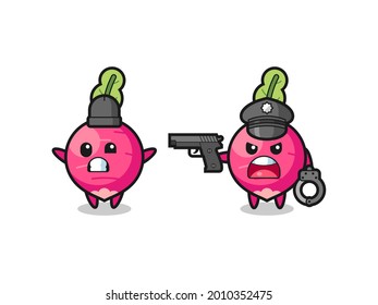 illustration of radish robber with hands up pose caught by police , cute style design for t shirt, sticker, logo element