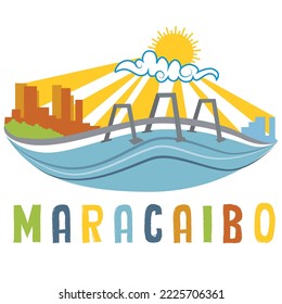 illustration of the Rafael Urdaneta bridge that crosses Lake Maracaibo with the characteristic sun of the city