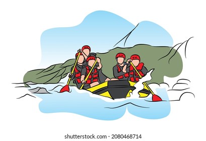 illustration of rafting on a fast flowing river. extreme sports holidays. vector