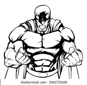 Illustration of raging superhero with clenched fists ready for battle. 