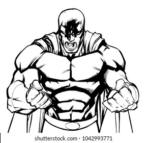 Illustration of raging superhero with clenched fists ready for battle. 