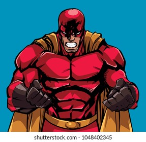 Illustration of raging superhero with clenched fists ready for battle. 