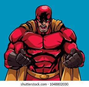 Illustration of raging superhero with clenched fists ready for battle. 
