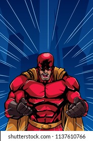 Illustration of raging superhero with clenched fists ready for battle. 