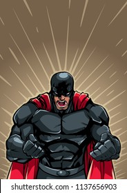 Illustration of raging superhero with clenched fists ready for battle. 