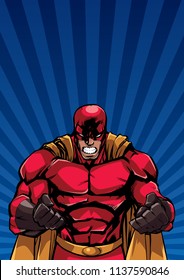 Illustration of raging superhero on abstract background with ray light.  