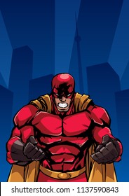 Illustration of raging superhero on city background with copy space for your text.  