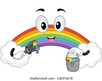 Illustration of a Raibow Mascot with clouds holding a Can of Paint and a Paintbrush