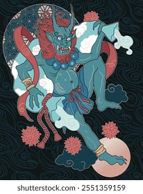 ilustração Raijin, deus dos relâmpagos, trovões e tempestades na mitologia japonesa, design de tatuagem