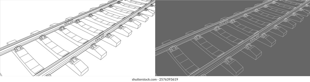 illustration of a railway track in an isometric perspective, with one side on a transparent background and the other on a dark gray background.